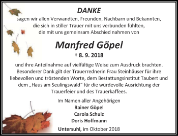 Traueranzeige von Manfred Göpel von Thüringer Allgemeine, Thüringische Landeszeitung