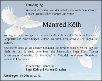 Traueranzeige von Manfred Köth von Ostthüringer Zeitung, Thüringische Landeszeitung