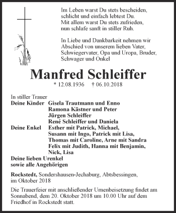 Traueranzeige von Manfred Schleiffer von Thüringer Allgemeine