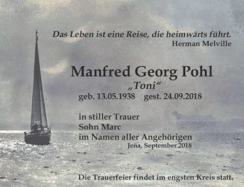 Traueranzeige von Manfred Georg Pohl von Ostthüringer Zeitung, Thüringische Landeszeitung