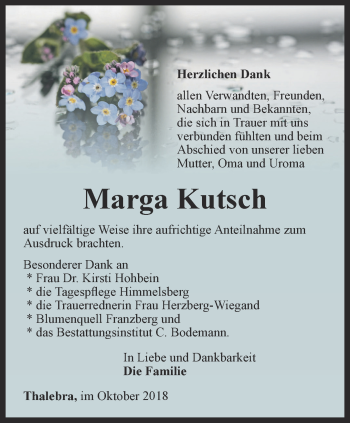 Traueranzeige von Marga Kutsch von Thüringer Allgemeine