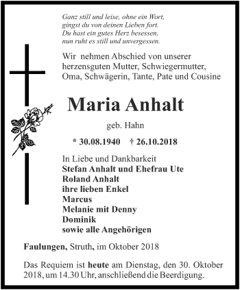Traueranzeige von Maria Anhalt von Thüringer Allgemeine, Thüringische Landeszeitung