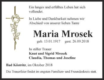 Traueranzeige von Maria Mrosek von Ostthüringer Zeitung