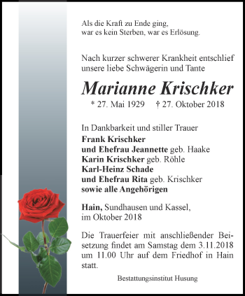 Traueranzeige von Marianne Krischker von Thüringer Allgemeine