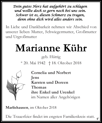 Traueranzeige von Marianne Kühr von Thüringer Allgemeine