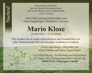 Traueranzeige von Mario Klose von Ostthüringer Zeitung, Thüringische Landeszeitung