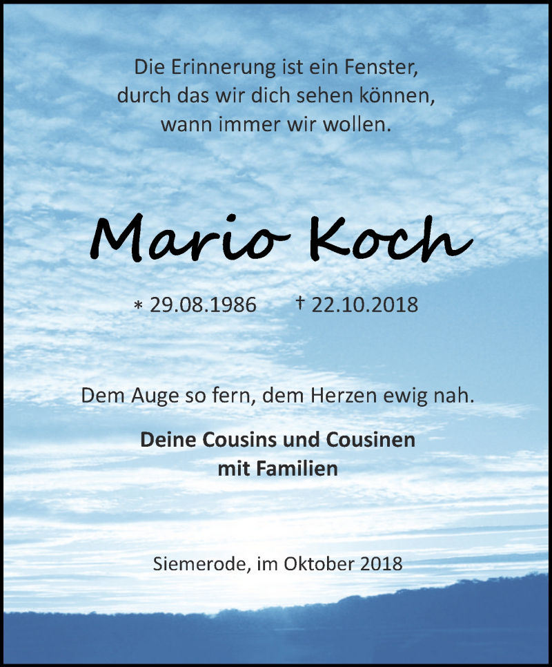  Traueranzeige für Mario Koch vom 26.10.2018 aus Thüringer Allgemeine