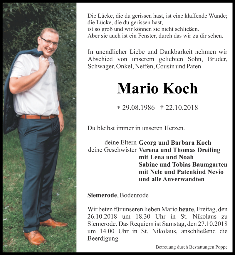  Traueranzeige für Mario Koch vom 26.10.2018 aus Thüringer Allgemeine
