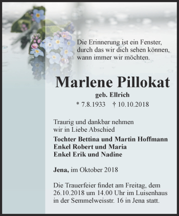 Traueranzeige von Marlene Pillokat von Ostthüringer Zeitung, Thüringische Landeszeitung