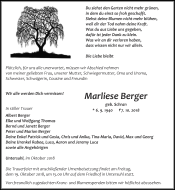 Traueranzeige von Marliese Berger von Thüringer Allgemeine, Thüringische Landeszeitung