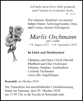 Traueranzeige von Marlis Oschmann von Ostthüringer Zeitung, Thüringische Landeszeitung