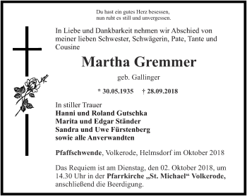 Traueranzeige von Martha Gremmer von Thüringer Allgemeine