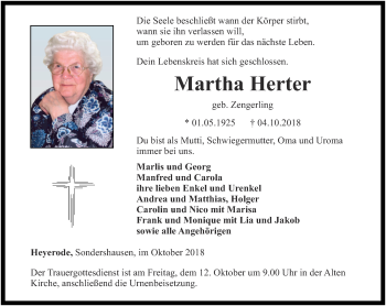 Traueranzeige von Martha Herter von Thüringer Allgemeine, Thüringische Landeszeitung