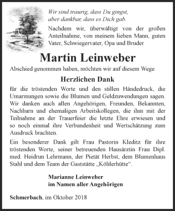 Traueranzeige von Martin Leinweber von Ostthüringer Zeitung, Thüringische Landeszeitung