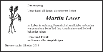 Traueranzeige von Martin Leser von Ostthüringer Zeitung, Thüringische Landeszeitung