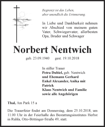 Traueranzeige von Norbert Nentwich von Thüringer Allgemeine, Thüringische Landeszeitung