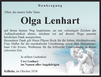 Traueranzeige von Olga Lenhart von Thüringer Allgemeine