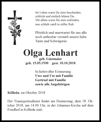 Traueranzeige von Olga Lenhart von Thüringer Allgemeine