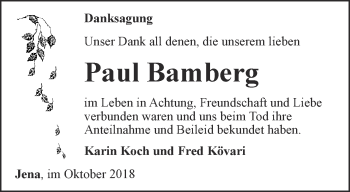 Traueranzeige von Paul Bamberg von Ostthüringer Zeitung, Thüringische Landeszeitung