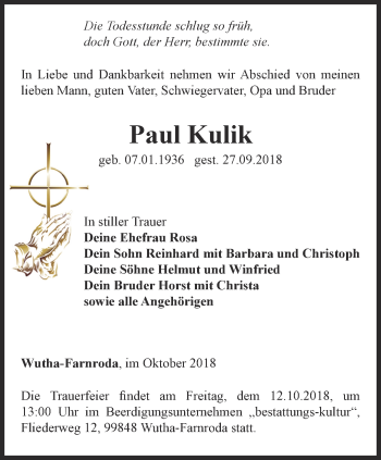 Traueranzeige von Paul Kulik von Thüringer Allgemeine, Thüringische Landeszeitung