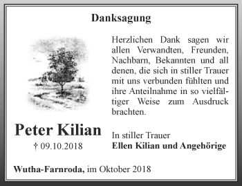 Traueranzeige von Peter Kilian von Thüringer Allgemeine, Thüringische Landeszeitung