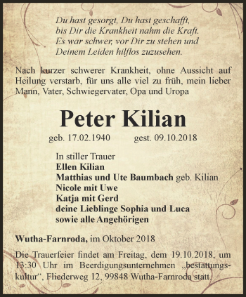 Traueranzeige von Peter Kilian von Thüringer Allgemeine, Thüringische Landeszeitung