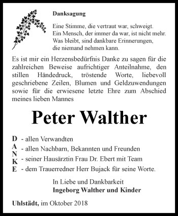 Traueranzeige von Peter Walther von Ostthüringer Zeitung