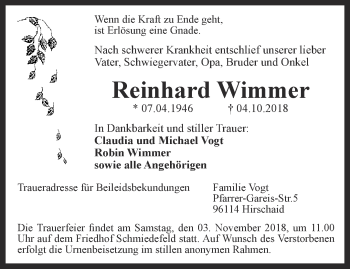 Traueranzeige von Reinhard Wimmer von Ostthüringer Zeitung