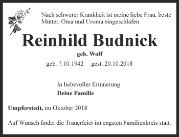 Traueranzeige von Reinhild Budnick von Thüringer Allgemeine, Thüringische Landeszeitung