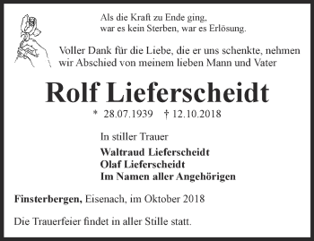 Traueranzeige von Rolf Lieferscheidt von Ostthüringer Zeitung, Thüringische Landeszeitung