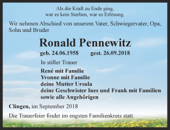 Traueranzeige von Ronald Pennewitz von Thüringer Allgemeine