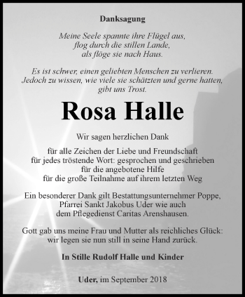 Traueranzeige von Rosa Halle von Thüringer Allgemeine