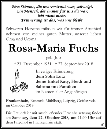 Traueranzeige von Rosa-Maria Fuchs von Ostthüringer Zeitung, Thüringische Landeszeitung