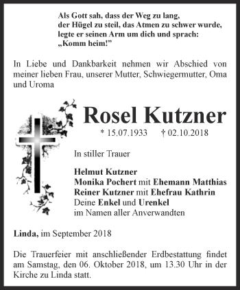 Traueranzeige von Rosel Kutzner von Ostthüringer Zeitung