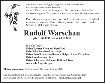 Traueranzeige von Rudolf Warschau von Thüringer Allgemeine