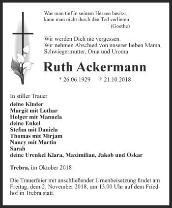 Traueranzeige von Ruth Ackermann von Thüringer Allgemeine