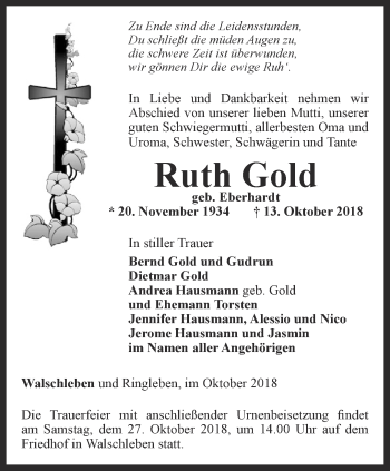 Traueranzeige von Ruth Gold von Thüringer Allgemeine, Thüringische Landeszeitung