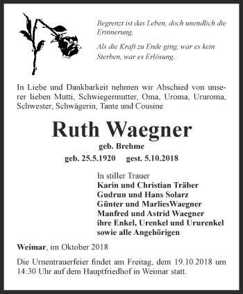 Traueranzeige von Ruth Waegner von Thüringer Allgemeine, Thüringische Landeszeitung