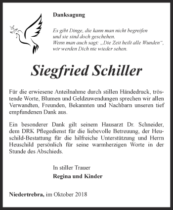 Traueranzeige von Siegfried Schiller von Thüringer Allgemeine, Thüringische Landeszeitung
