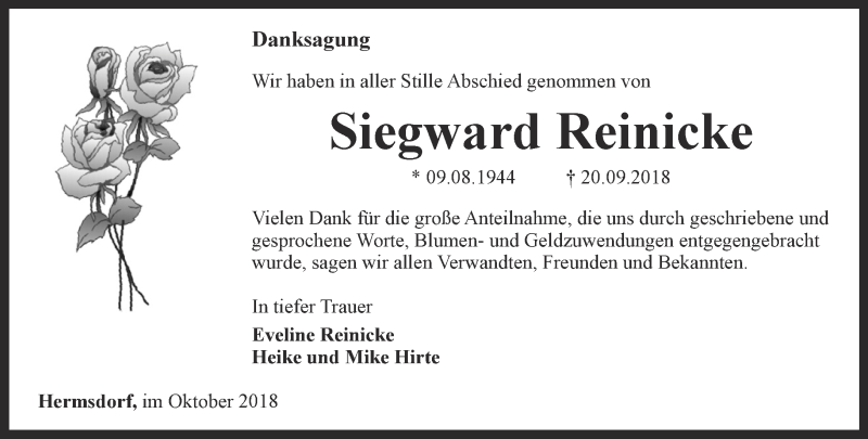  Traueranzeige für Siegward Reinicke vom 13.10.2018 aus Ostthüringer Zeitung