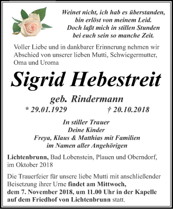 Traueranzeige von Sigrid Hebestreit von Ostthüringer Zeitung