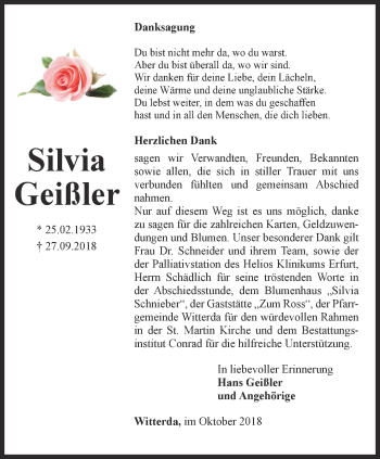 Traueranzeige von Silvia Geißler von Thüringer Allgemeine, Thüringische Landeszeitung