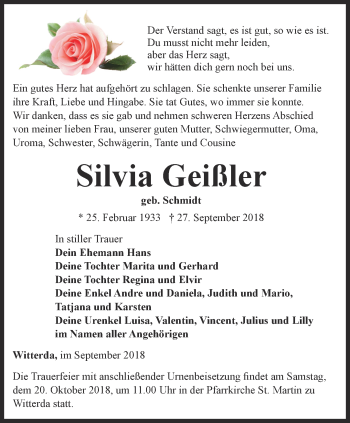 Traueranzeige von Silvia Geißler von Thüringer Allgemeine, Thüringische Landeszeitung