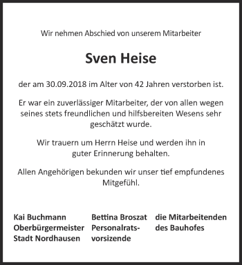 Traueranzeige von Sven Heise von Thüringer Allgemeine