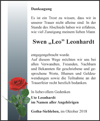 Traueranzeige von Swen Leonhardt von Ostthüringer Zeitung, Thüringische Landeszeitung