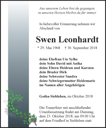 Traueranzeige von Swen Leonhardt von Ostthüringer Zeitung, Thüringische Landeszeitung