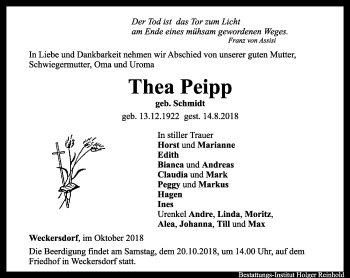 Traueranzeige von Thea Peipp von Ostthüringer Zeitung