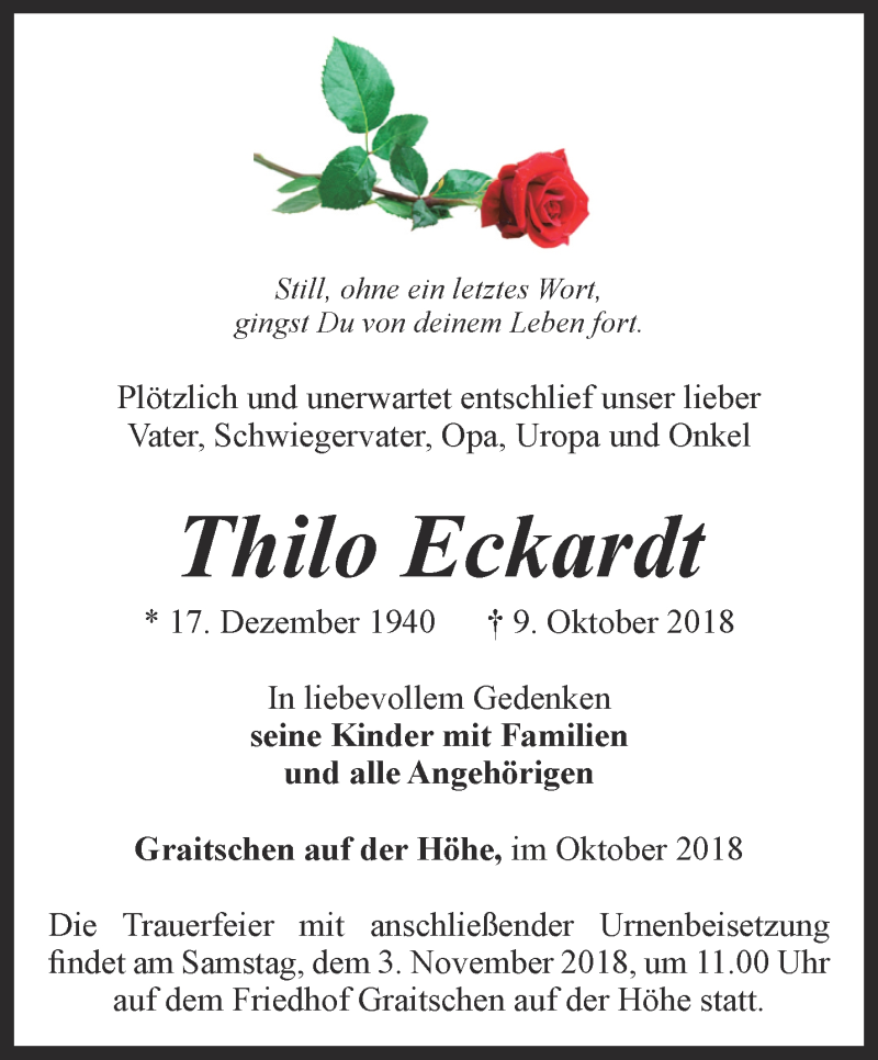  Traueranzeige für Thilo Eckardt vom 25.10.2018 aus Ostthüringer Zeitung
