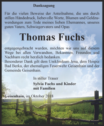 Traueranzeige von Thomas Fuchs von Ostthüringer Zeitung