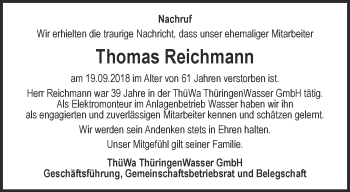 Traueranzeige von Thomas Reichmann von Thüringer Allgemeine, Thüringische Landeszeitung